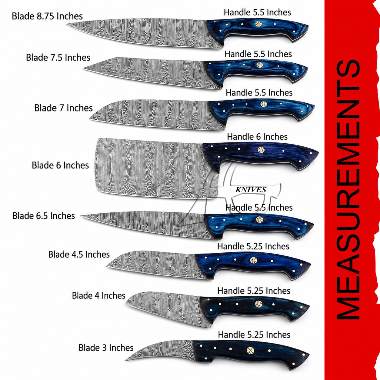 A measurement chart showing multiple kitchen knives with labeled blade and handle lengths on a white background, plus a red vertical banner reading MEASUREMENTS.