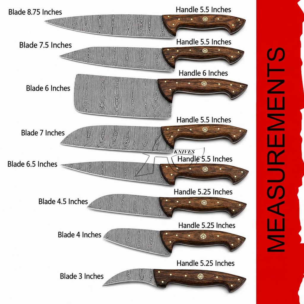 A measurement chart showing nine different fixed-blade knives with labeled blade and handle lengths, plus a red vertical sidebar reading MEASUREMENTS.