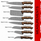 A measurement chart showing nine different fixed-blade knives with labeled blade and handle lengths, plus a red vertical sidebar reading MEASUREMENTS.