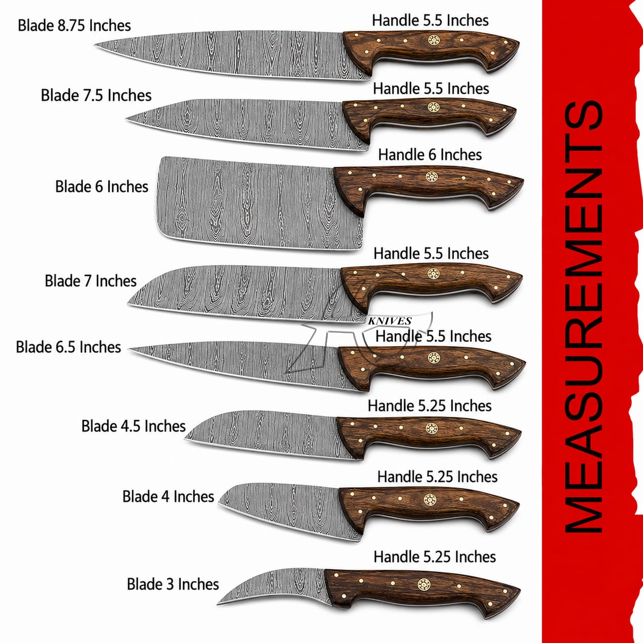 A measurement chart showing nine different fixed-blade knives with labeled blade and handle lengths, plus a red vertical sidebar reading MEASUREMENTS.
