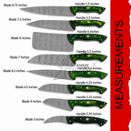 A size chart showing nine kitchen knives with labeled blade lengths from 3 to 8.75 inches and handle lengths from 5.
