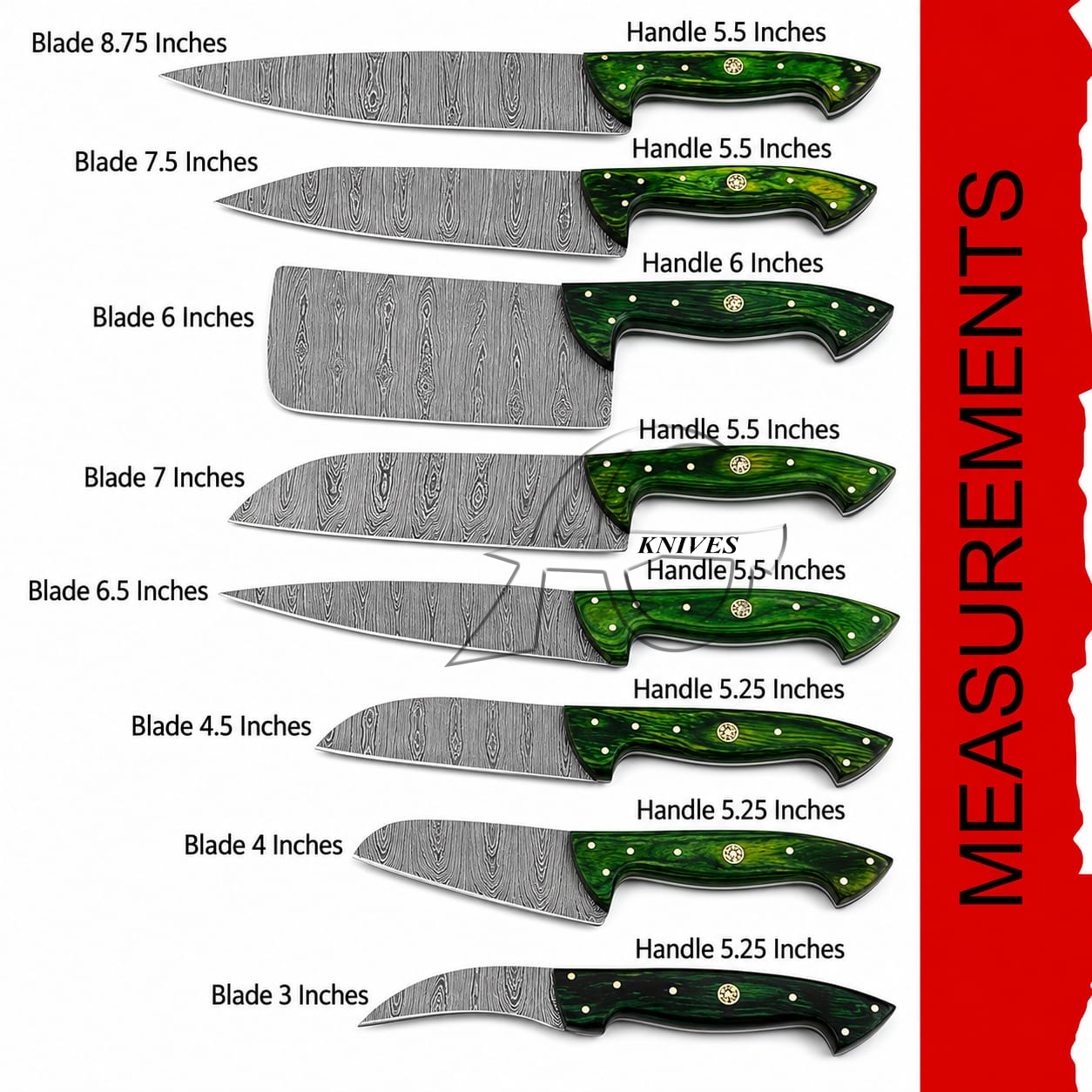 A size chart showing nine kitchen knives with labeled blade lengths from 3 to 8.75 inches and handle lengths from 5.