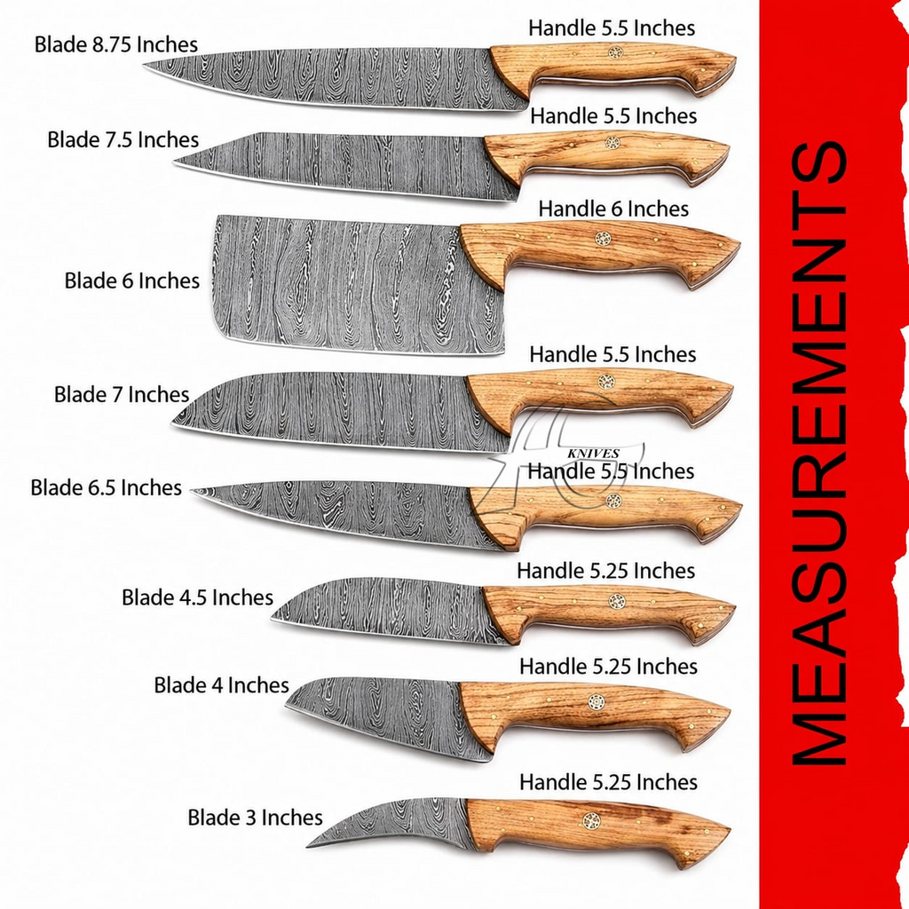 A size chart showing eight fixed-blade knives with different blade lengths (3 to 8.75 inches) and handles ranging from 5.
