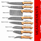 A size chart showing eight fixed-blade knives with different blade lengths (3 to 8.75 inches) and handles ranging from 5.
