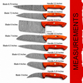 A product information graphic showing eight kitchen knives with labeled blade and handle sizes on a white background and a red vertical sidebar reading MEASUREMENTS.