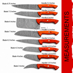 A product information graphic showing eight kitchen knives with labeled blade and handle sizes on a white background and a red vertical sidebar reading MEASUREMENTS.