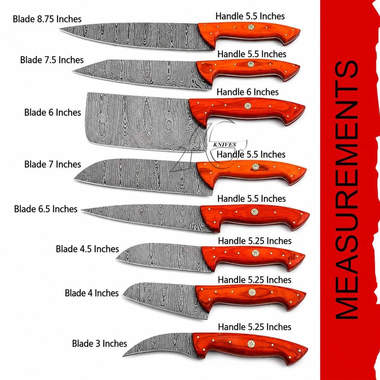 A product information graphic showing eight kitchen knives with labeled blade and handle sizes on a white background and a red vertical sidebar reading MEASUREMENTS.