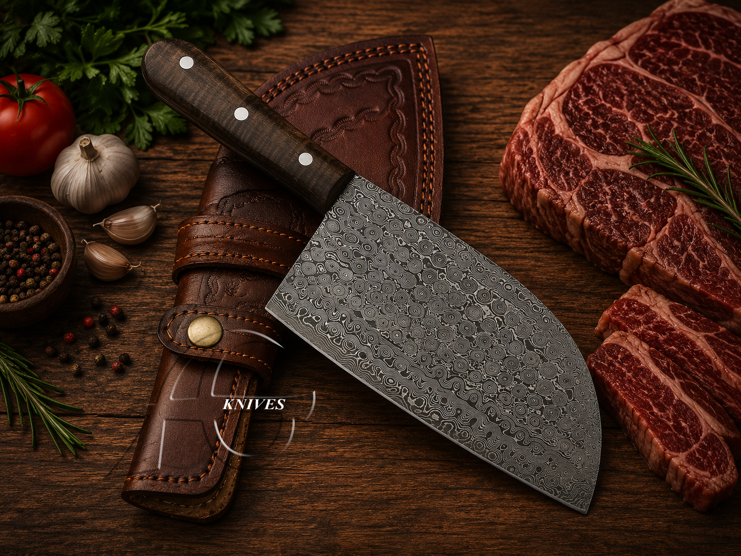 Handmade Damascus Raindrop Round Cleaver Wood Handle - Leather Sheath