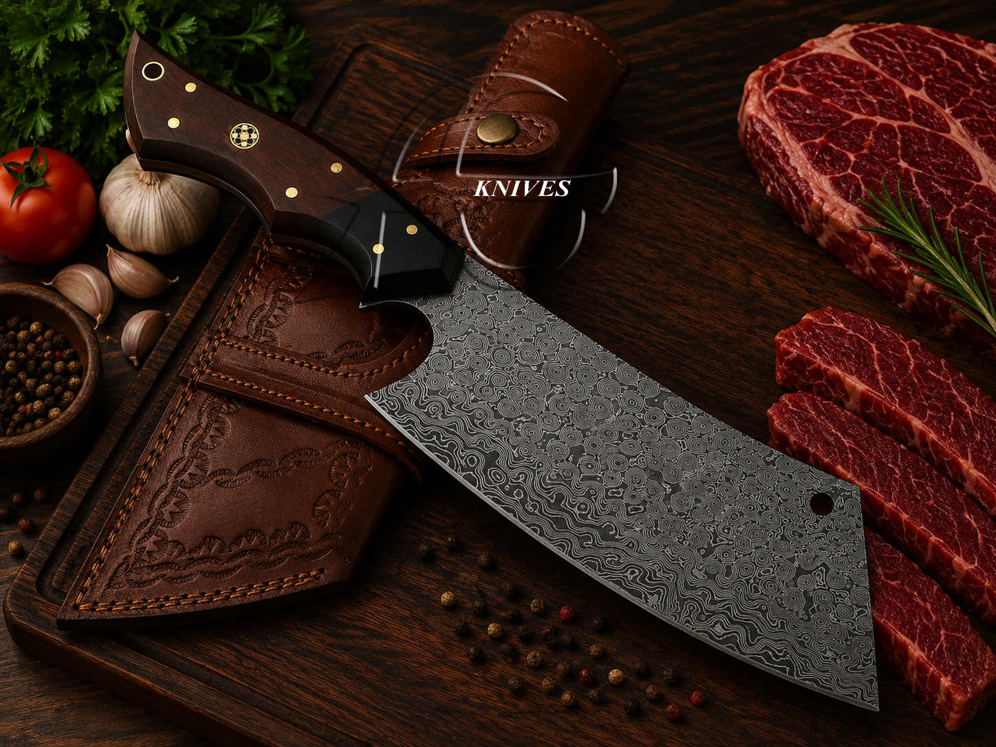 The Chopper – 12" Damascus Raindrop Butcher Cleaver Knife - Leather Sheath