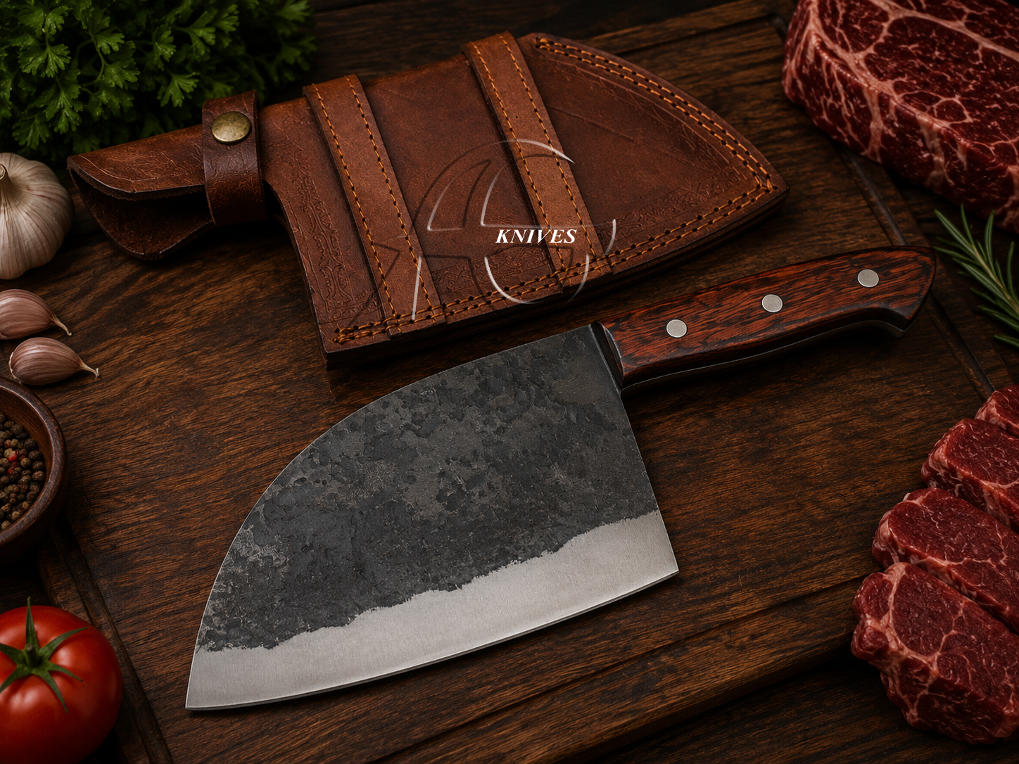 The Workhorse 11" Hand Forged High Carbon Steel Butcher Cleaver  - Leather Sheath