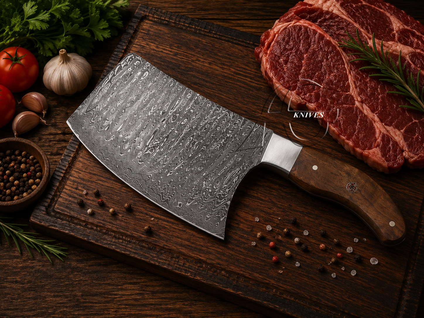 Straight Edge 10" Handmade Damascus Kitchen Cleaver Walnut Wood Handle - Leather Sheath