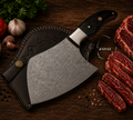 Dark Force – 10" Handmade Damascus Raindrop Butcher Knife - Leather Sheath