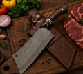 Iron & Rain 11" Hand Forged Damascus Raindrop Chopper Cleaver Wood Handle -Leather Sheath