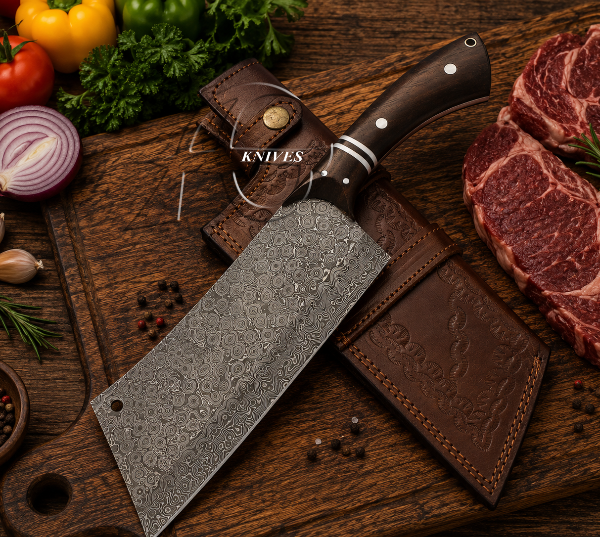 Iron & Rain 11" Hand Forged Damascus Raindrop Chopper Cleaver Wood Handle -Leather Sheath