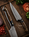 Two knives on a wooden cutting board with vegetables