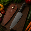 Handmade Damascus Kitchen Chef Knife 12" - Leather Sheath
