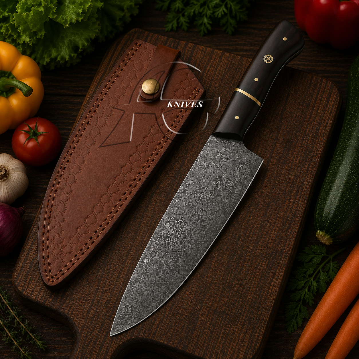 Handmade Damascus Kitchen Chef Knife 12" - Leather Sheath