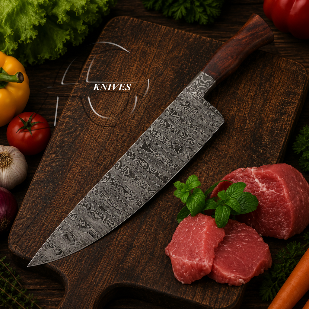 Handmade Damascus Kitchen Chef Knife – 15" Full Tang Iron Wood Handle
