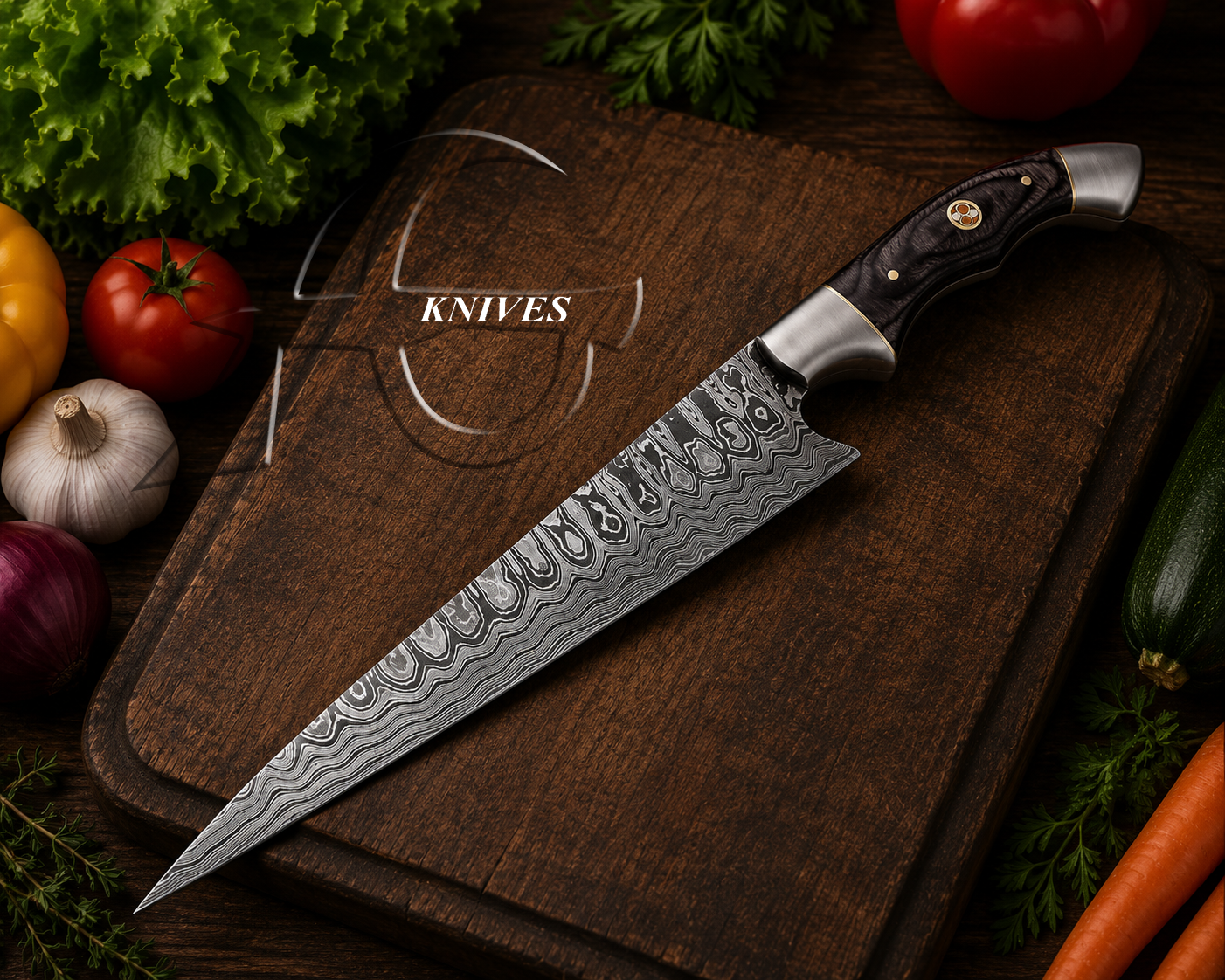 Handmade Damascus Fillet Chef Knife 12" Black Exotic Wood Handle