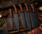 Custom Made 5 Pcs Forged Black Kitchen Knives Set - Leather Roll Case