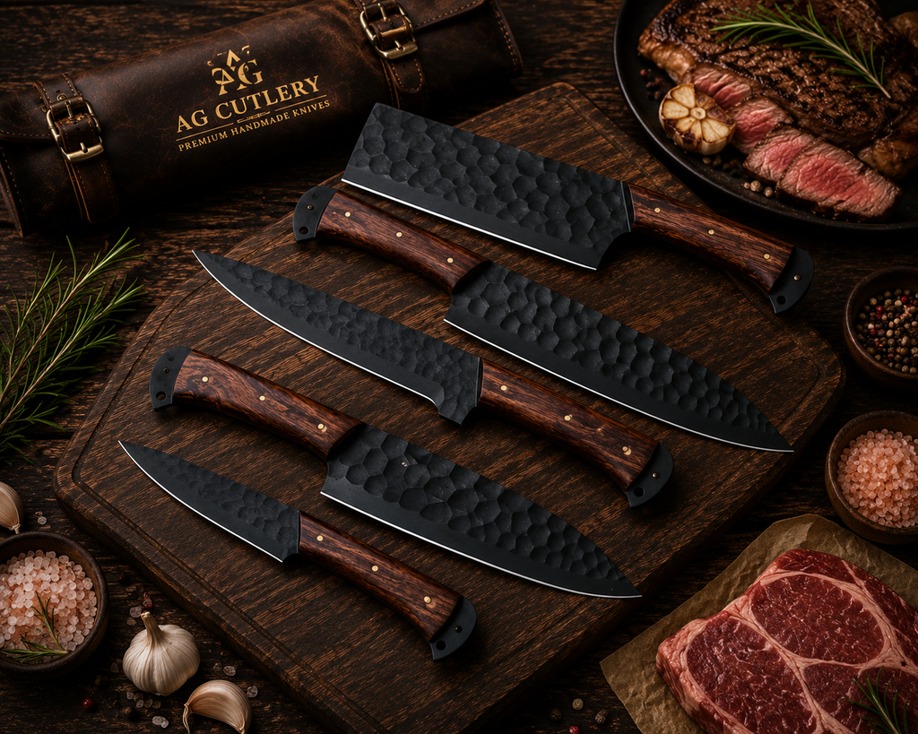 Custom Made 5 Pcs Forged Black Kitchen Knives Set - Leather Roll Case