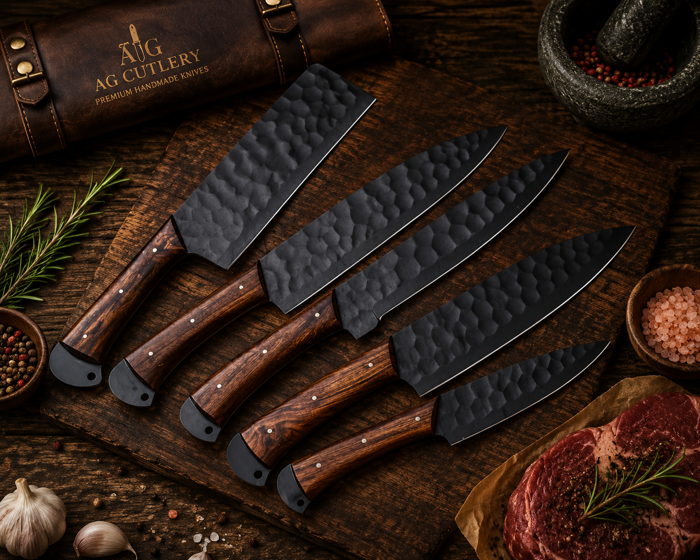 Custom Made 5 Pcs Forged Black Kitchen Knives Set - Leather Roll Case