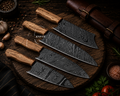 4 Pcs Handmade Hand Forged Damascus Kitchen Knives Set - Leather Roll Case