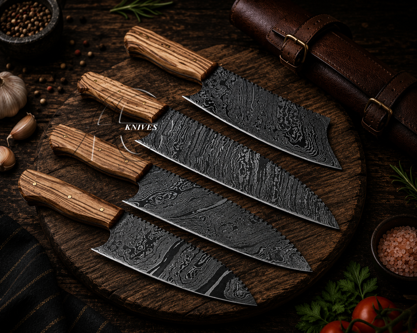 4 Pcs Handmade Hand Forged Damascus Kitchen Knives Set - Leather Roll Case