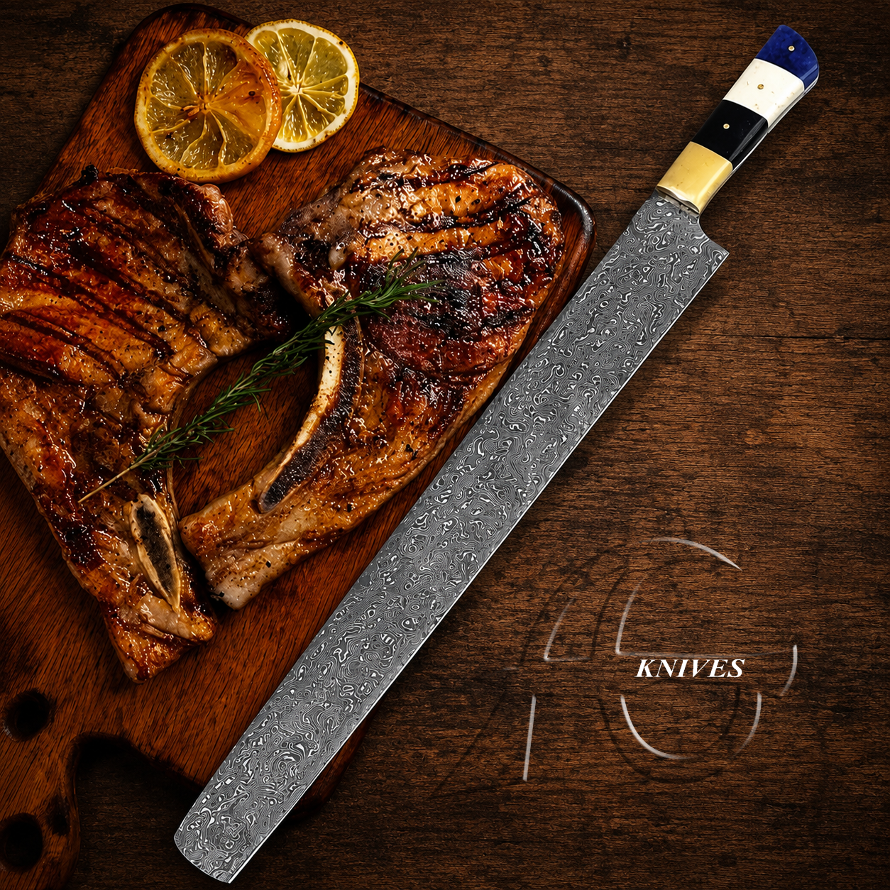 20" Full Tang Handmade Damascus Slicing BBQ Carving Knife - Leather Sheath
