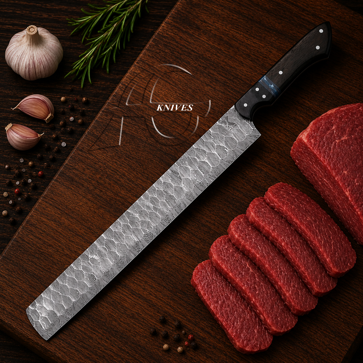 Handmade Damascus Slicing Knife 18" Full Tang - Leather Sheath