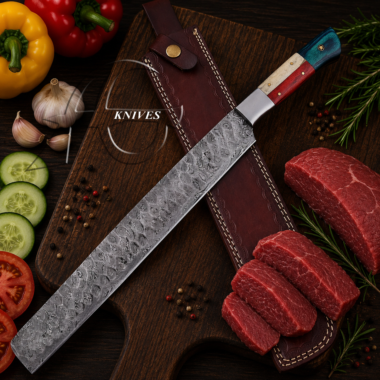 The Best Texas Handmade Damascus Slicer Knife - Leather Sheath
