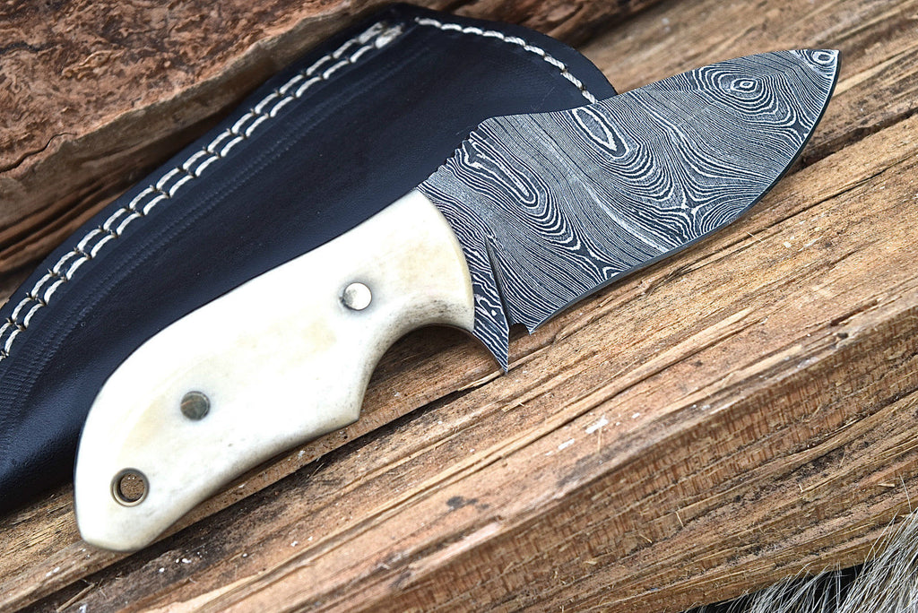6" Handmade Damascus Blade Skinning Knife Camel Bone Handle - Leather Sheath