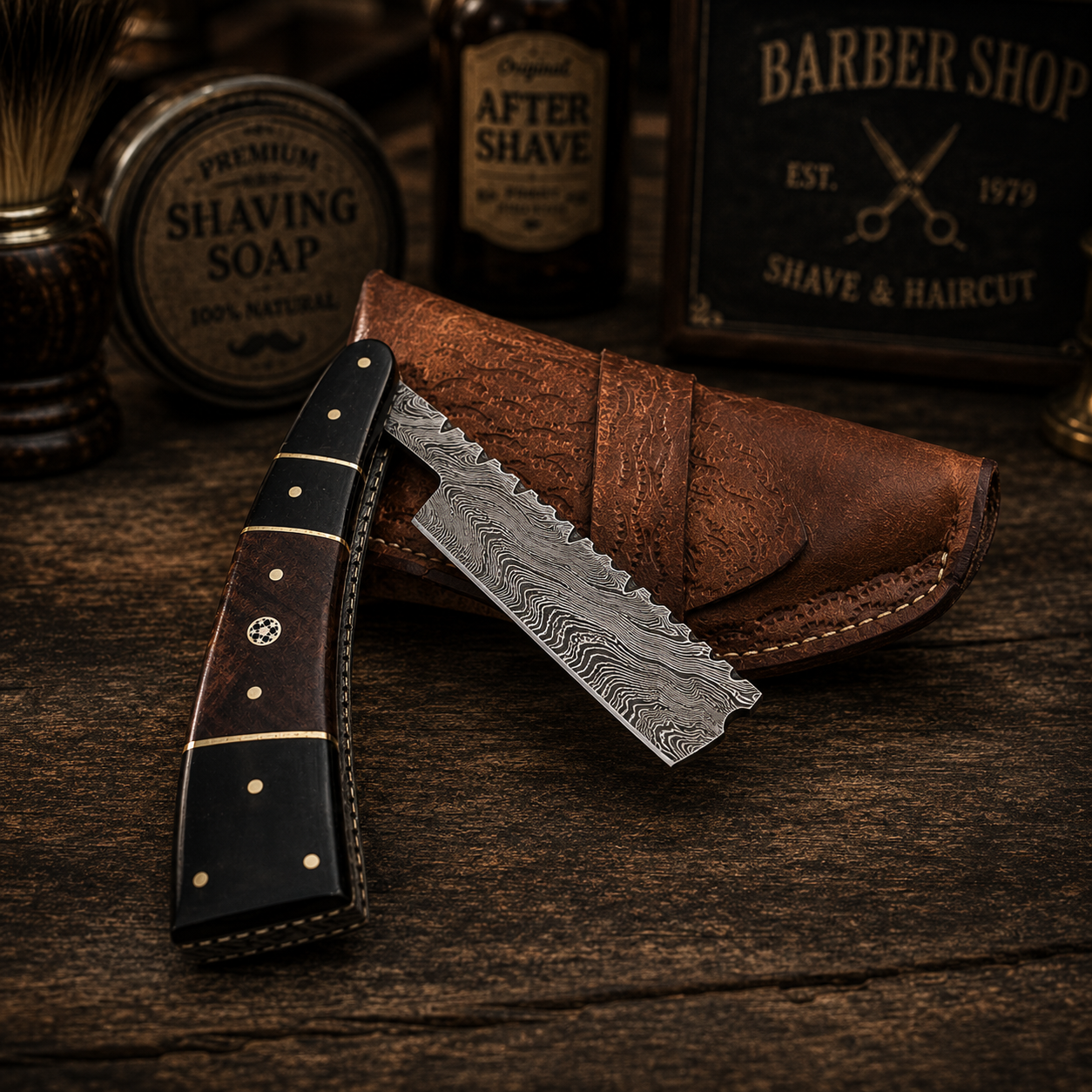 Custom Forged Blade Handmade Damascus Shave Razor - Leather Sheath