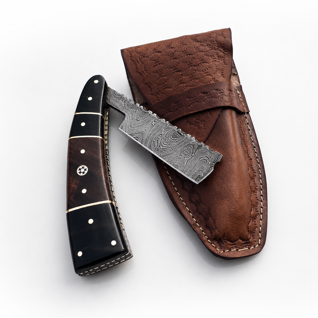 Custom Forged Blade Handmade Damascus Shave Razor - Leather Sheath
