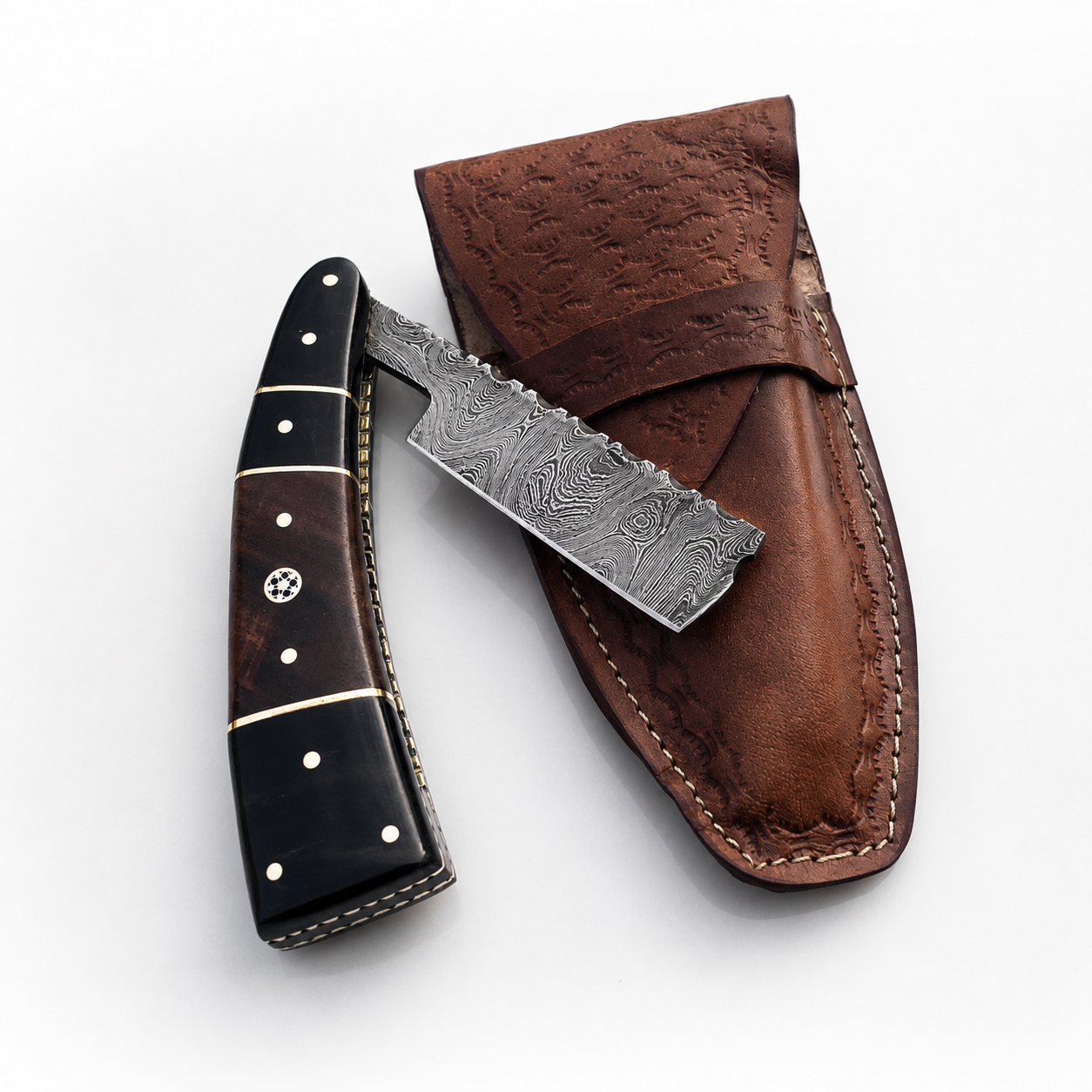 Custom Forged Blade Handmade Damascus Shave Razor - Leather Sheath