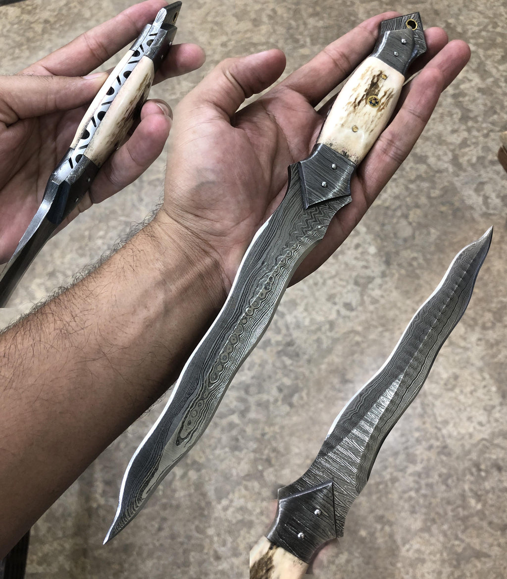 Snake Damascus Blade Antler Custom Made Hunting Dagger Knife With Sheath