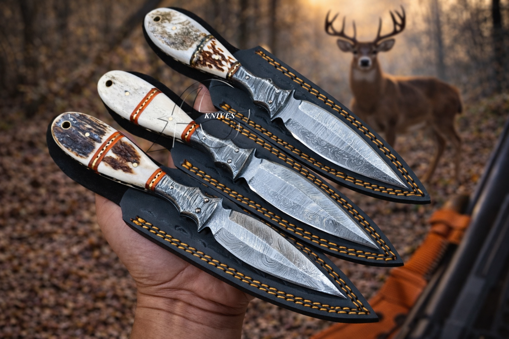 Custom 8" Damascus Hunting Knife Hand Forged Antler, Bone -Leather Sheath