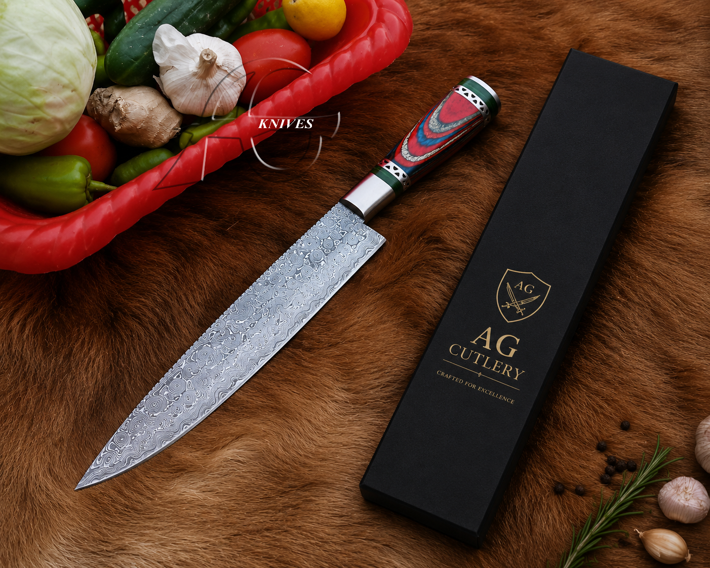 A chef's knife with a patterned steel blade and a colorful handle, displayed next to its black presentation box on a brown fur surface with vegetables in the background.