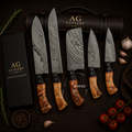 Timeless 5 Pcs Handcrafted Damascus Kitchen Knife Set - Leather Roll Case