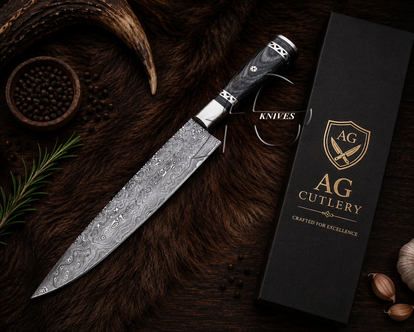 A Damascus steel chef's knife with a patterned steel blade and a black handle with silver accents, displayed diagonally next to its black gift box with gold 'AG Cutlery' branding. The scene is styled on a dark brown textured fur background with rustic props including a horn, rosemary, garlic, and peppercorns.
