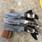 Damascus steel skinning knife set of three fixed blade hunting tools