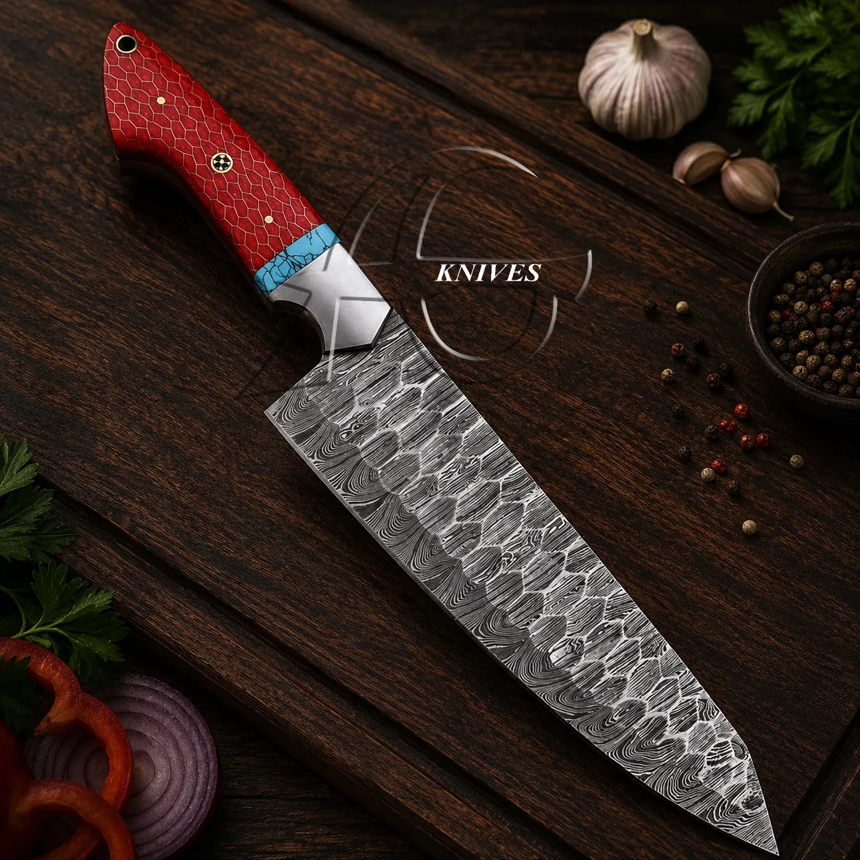 Stunning Handcrafted Damascus Chef Knife Honey Resin & Turquoise Handle 14"