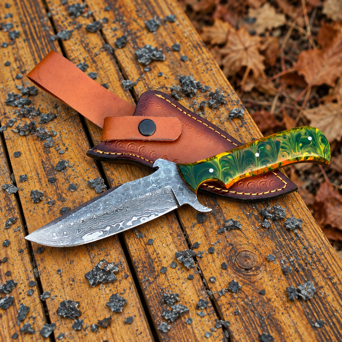 Custom Made Hunting Knife Damascus Blade Green Yellow Resin Handle 9" Leather Sheath