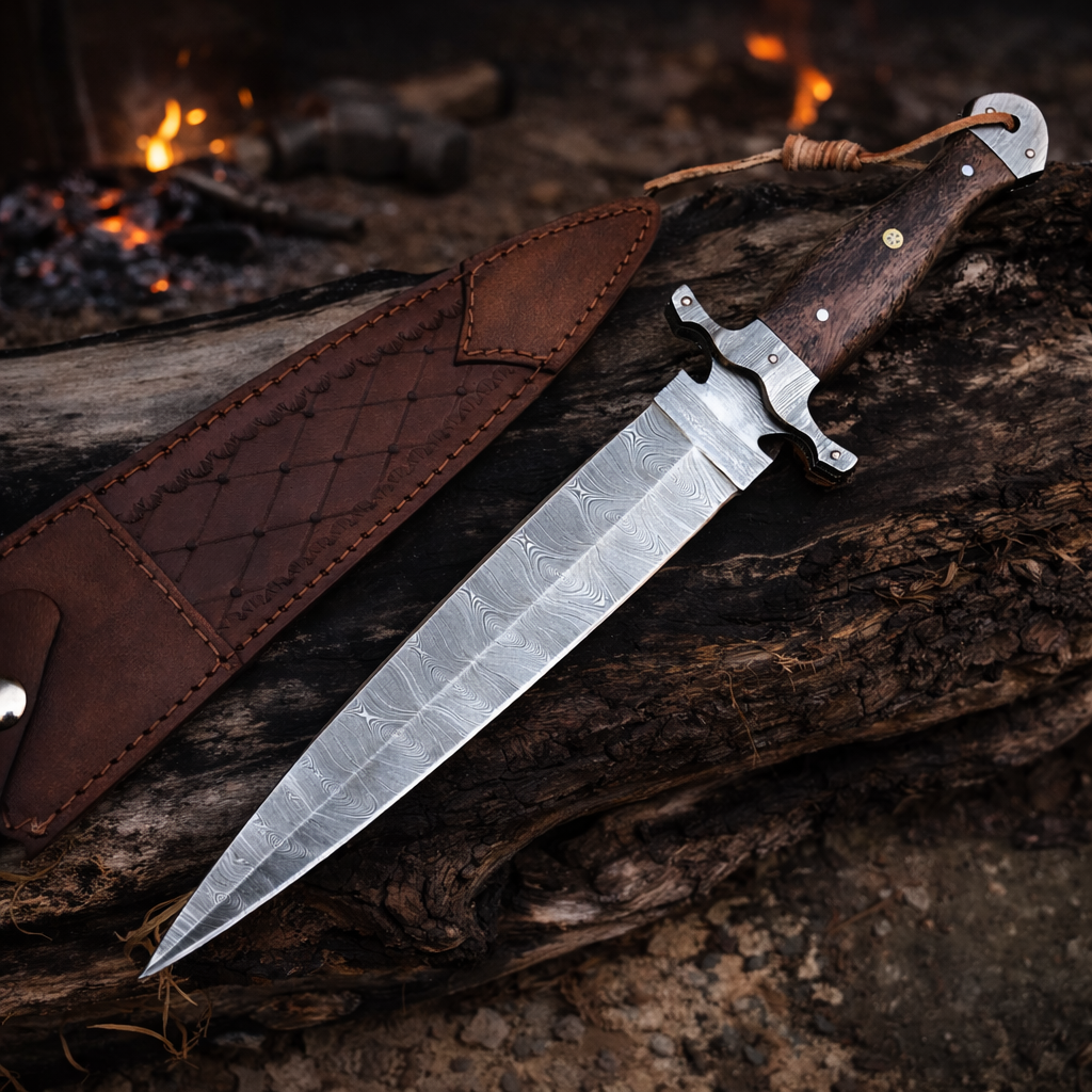 Custom Handmade Collector Knife Damascus Steel - Leather Sheath