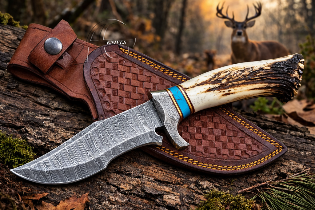 Damascus Hunting Knife Hand Forged Antler Crown Handle with Turquoise Leather Sheath