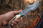 Damascus Hunting Knife Hand Forged Antler Crown Handle with Turquoise Leather Sheath
