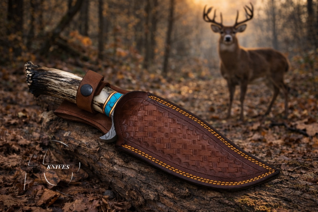 Damascus Hunting Knife Hand Forged Antler Crown Handle with Turquoise Leather Sheath