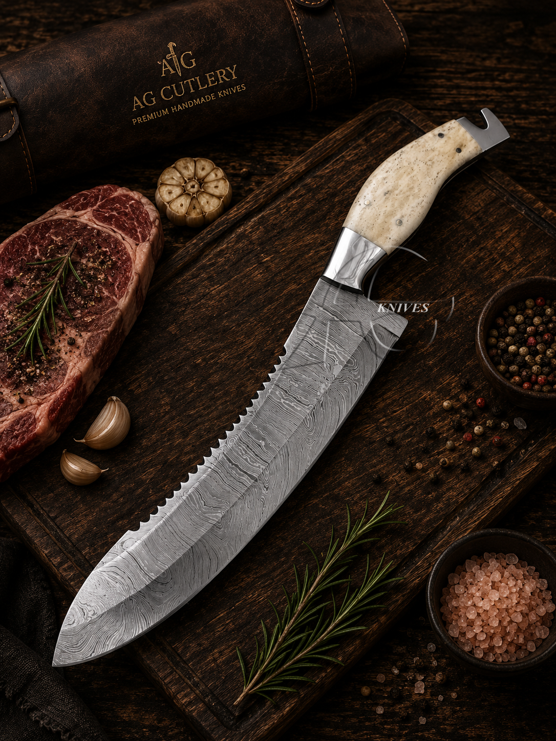 Handmade Damascus Kitchen 13" Chef Knife - AG Cutlery