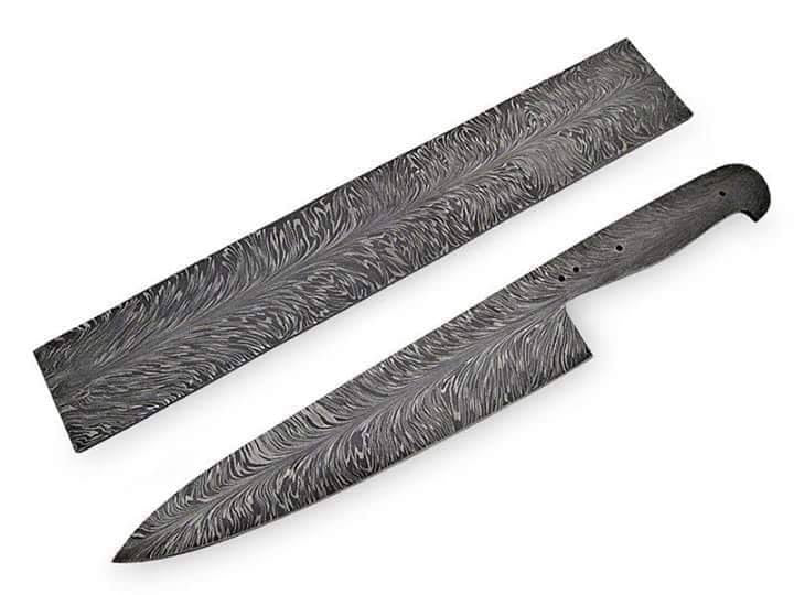 A Damascus steel chef's knife with a dark patterned blade and a dark wood handle, shown alongside its matching patterned sheath on a plain white background.