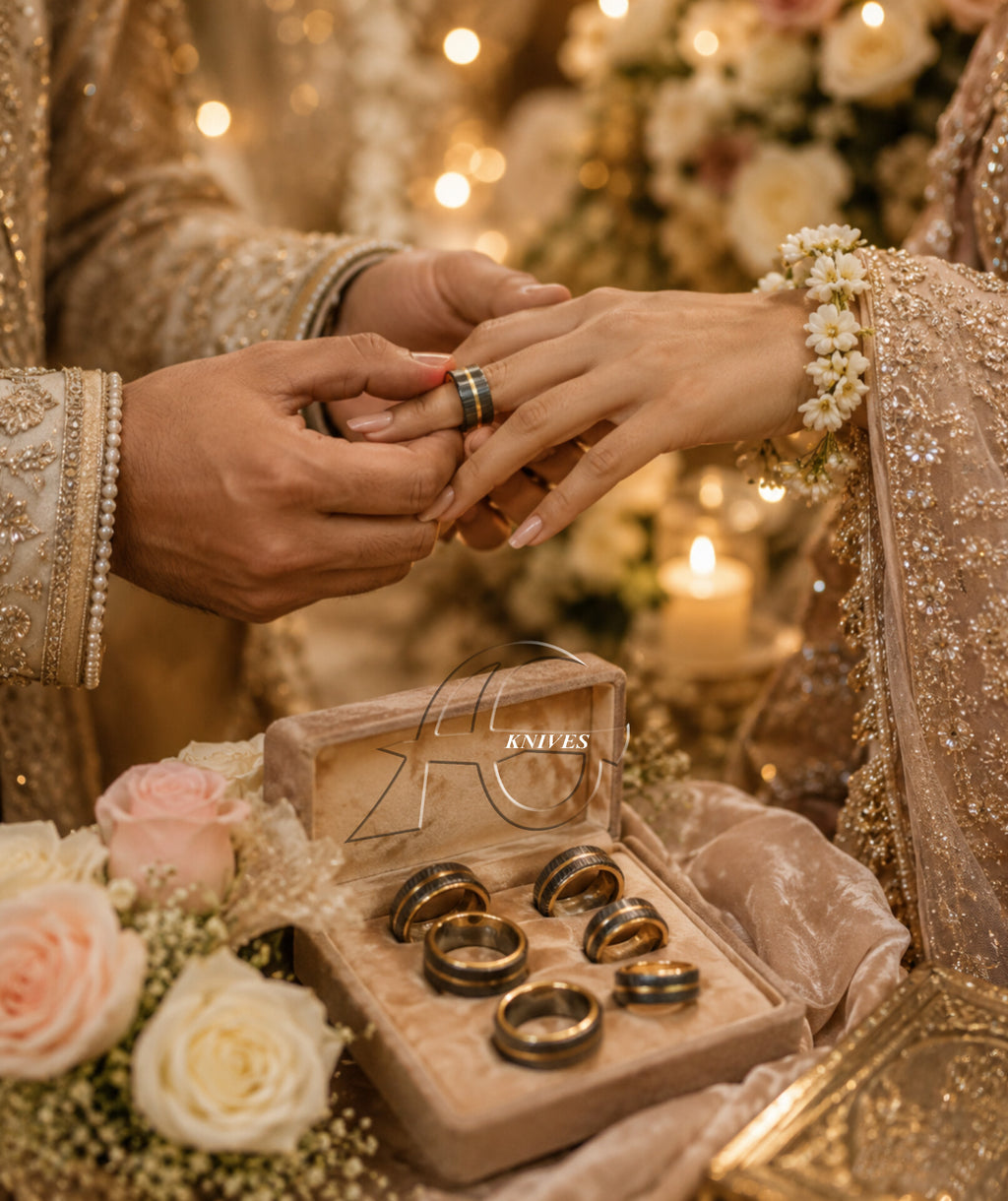 A close-up of a wedding ring being placed on a woman's finger during a ceremony, with a small jewelry box containing several rings in the foreground. The scene includes ornate gold and silver traditional clothing, flowers, candles, and warm bokeh lights in the background.